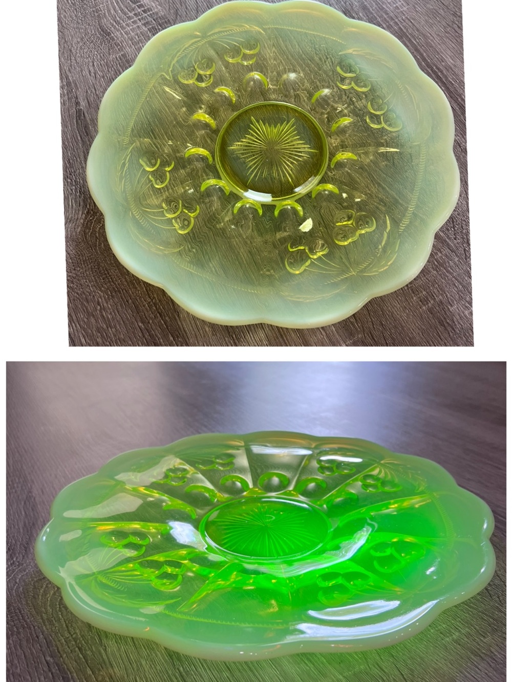 Vintage Moser Opalescent Vaseline/Uranium Glass Cherry Cable Punch Bowl Platter